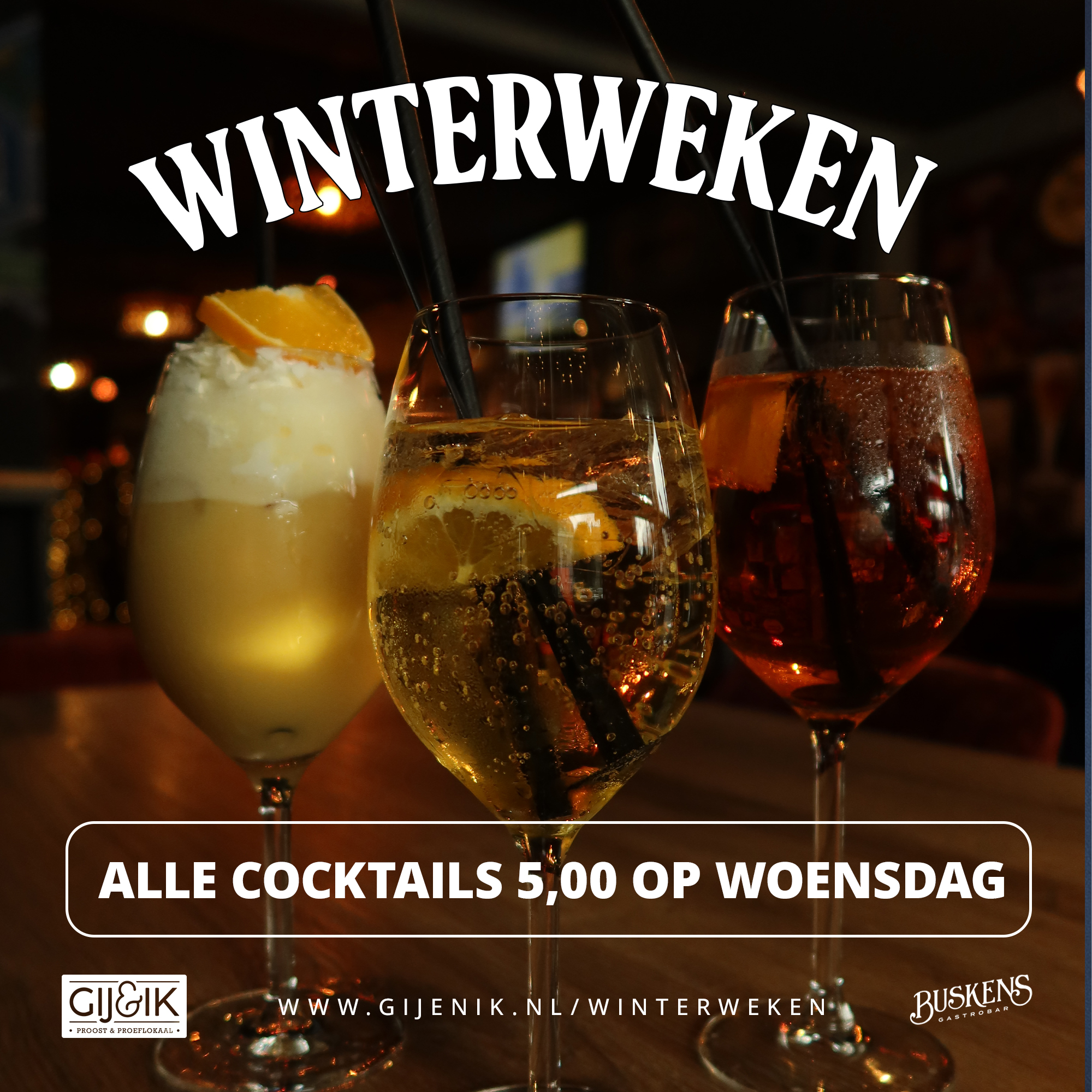 Woensdagavond = Cocktailavond, waarbij alle cocktails bij GIj&Ik voor 5,00...